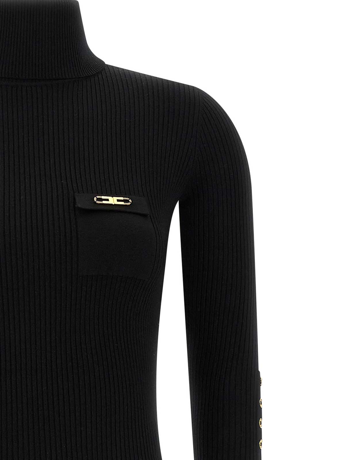 Elisabetta Franchi Form-fitting Black Midi Dress With Ribbed Texture And Logo Detail In Black