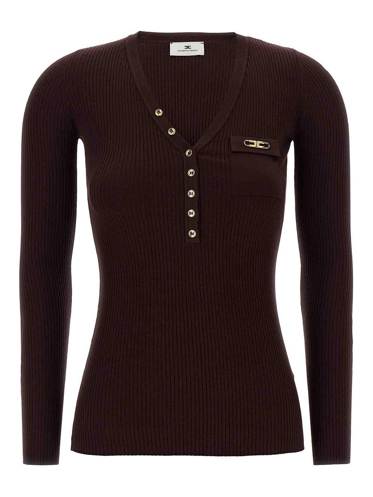 Elisabetta Franchi Merlot Tricot Sweater With Gold Accents And Ribbed Knit In Burgundy