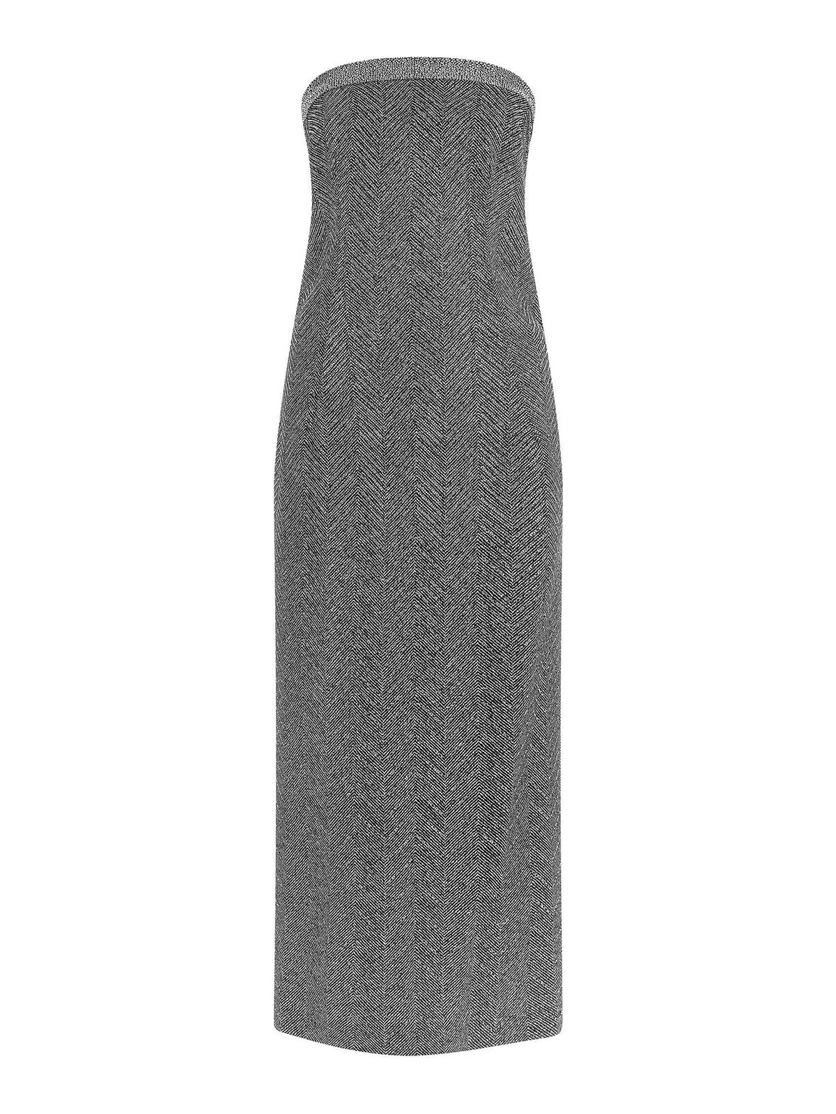 Ermanno Scervino Rhinestone-embellished Midi Dress With Herringbone Pattern In Gray