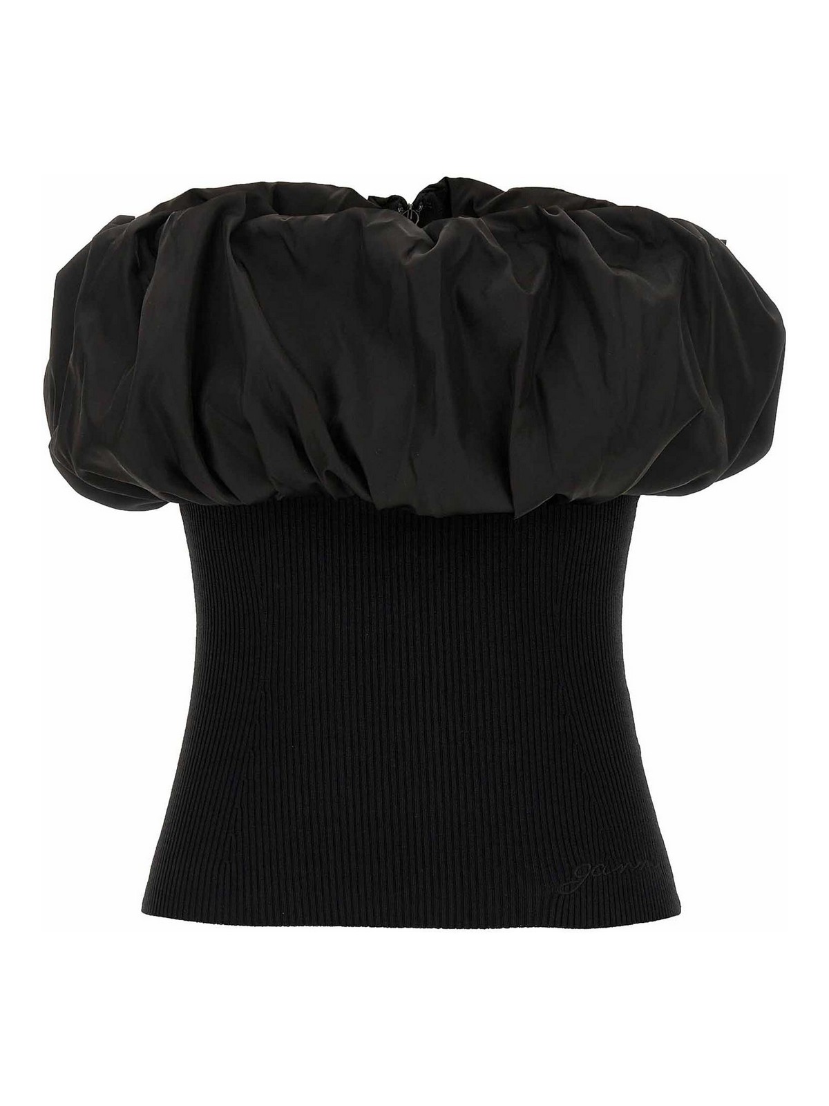 Ganni Black Ribbed Knit Top With Off-shoulder Design In Black