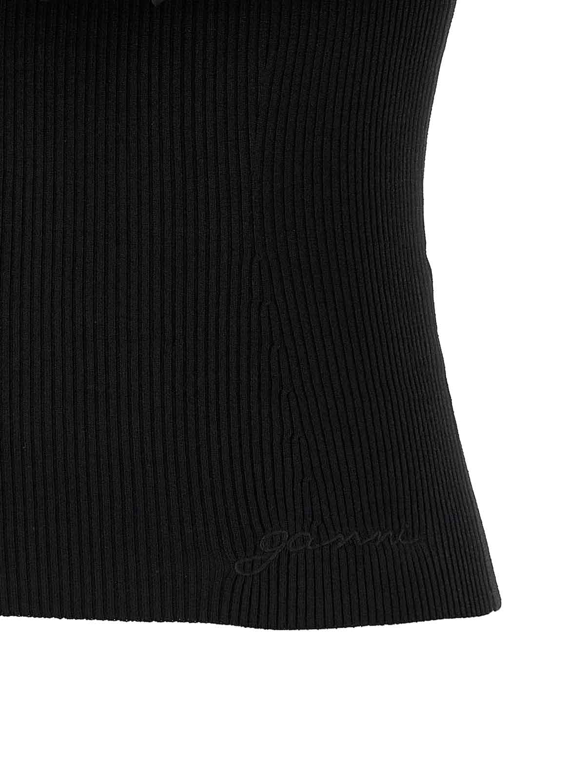Ganni Black Ribbed Knit Top With Off-shoulder Design In Black
