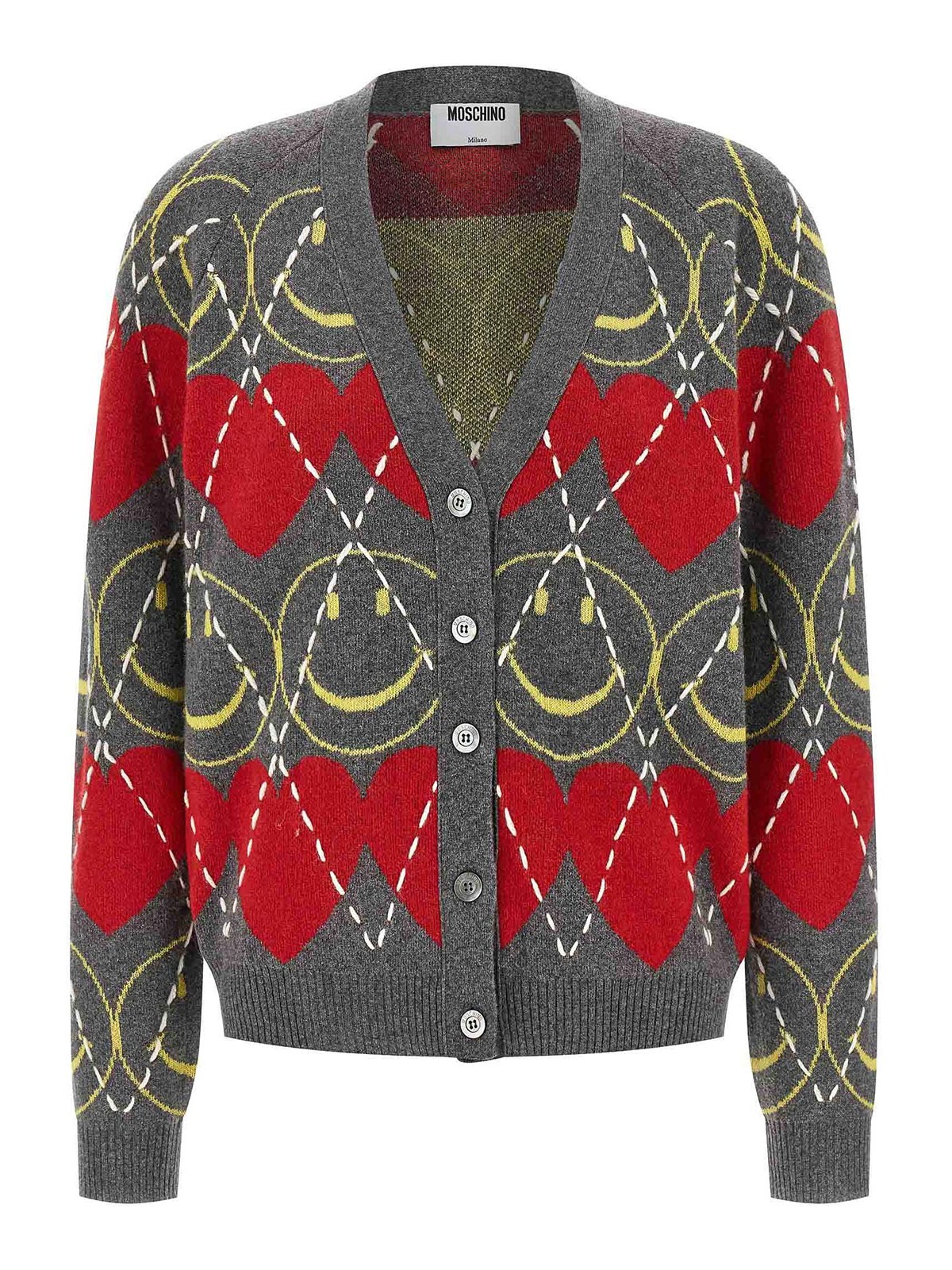 Moschino Jacquard Smile Wool Blend Cardigan In Multi