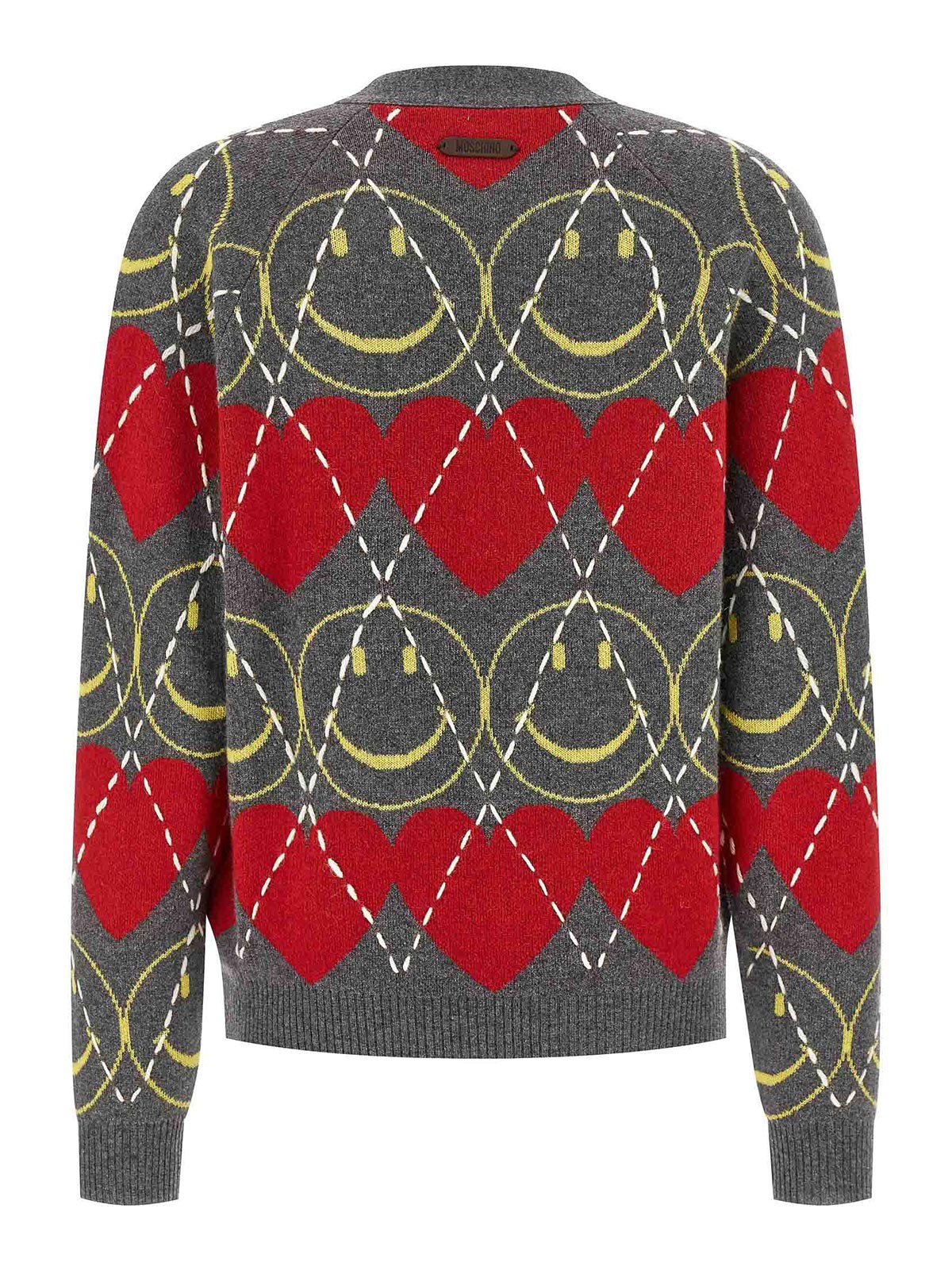 Moschino Jacquard Smile Wool Blend Cardigan In Multi