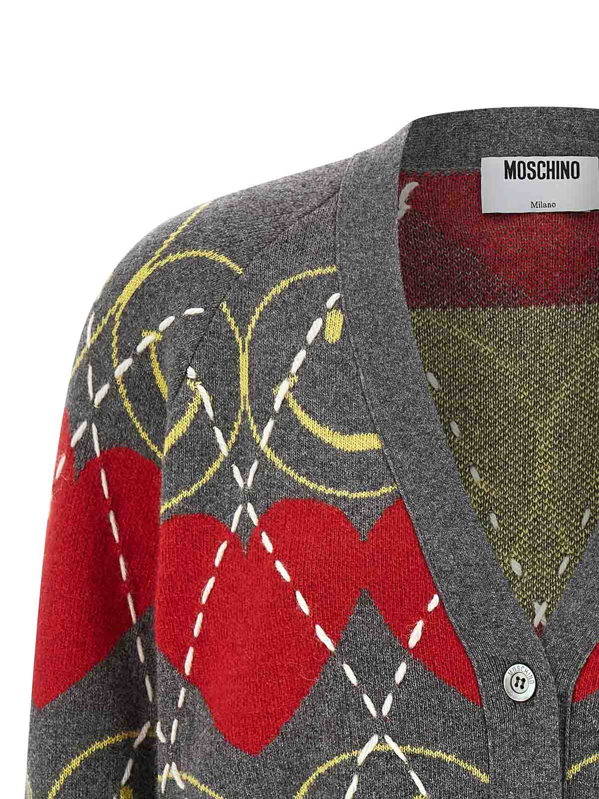 Moschino Jacquard Smile Wool Blend Cardigan In Multi