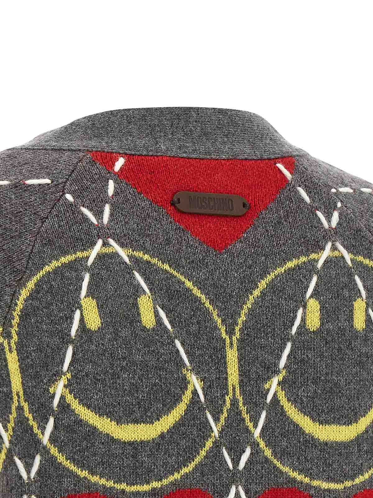 Moschino Jacquard Smile Wool Blend Cardigan In Multi
