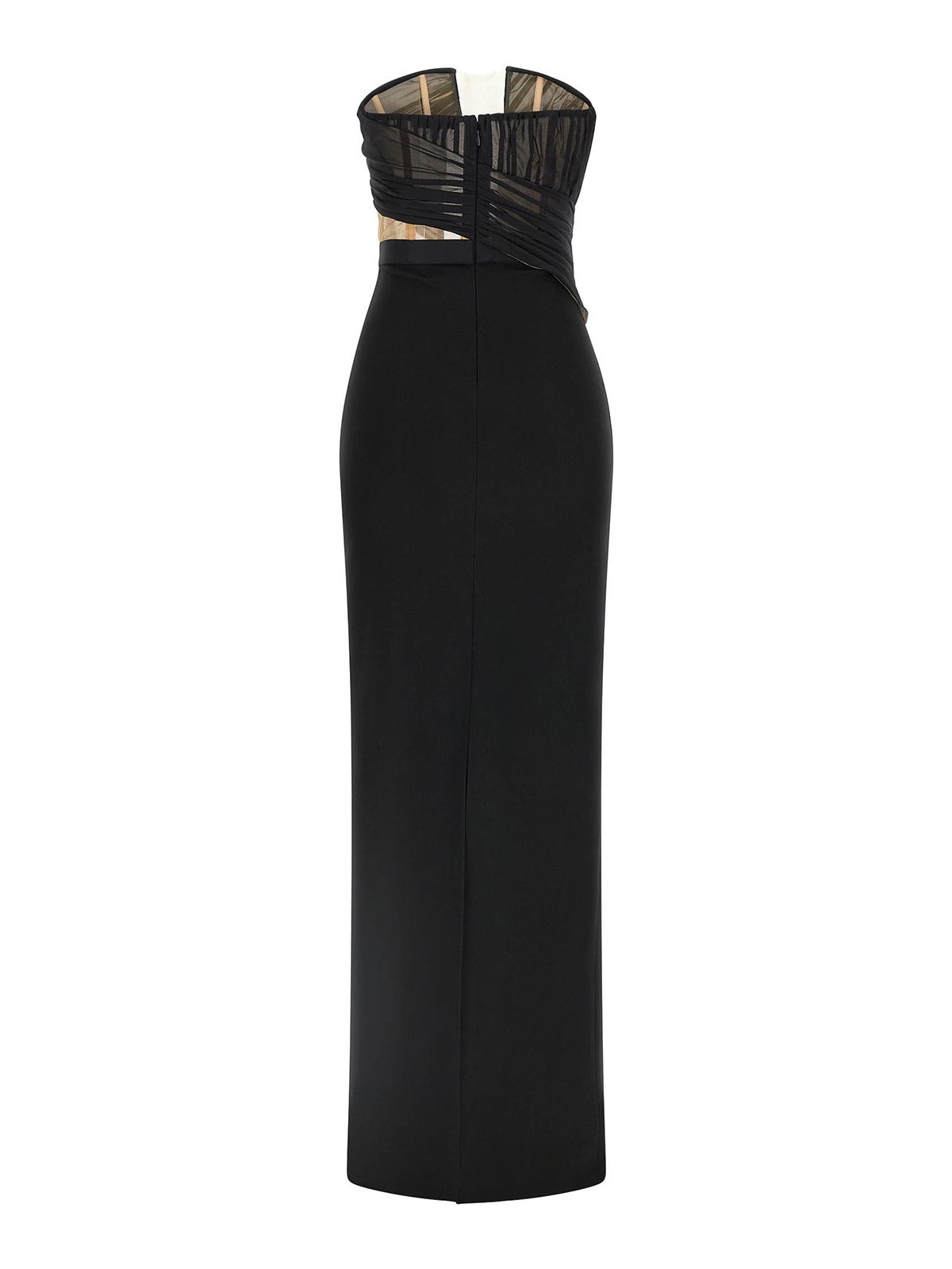 Nensi Dojaka Draped Maxi Dress With Corset And Sheer Panels In Black