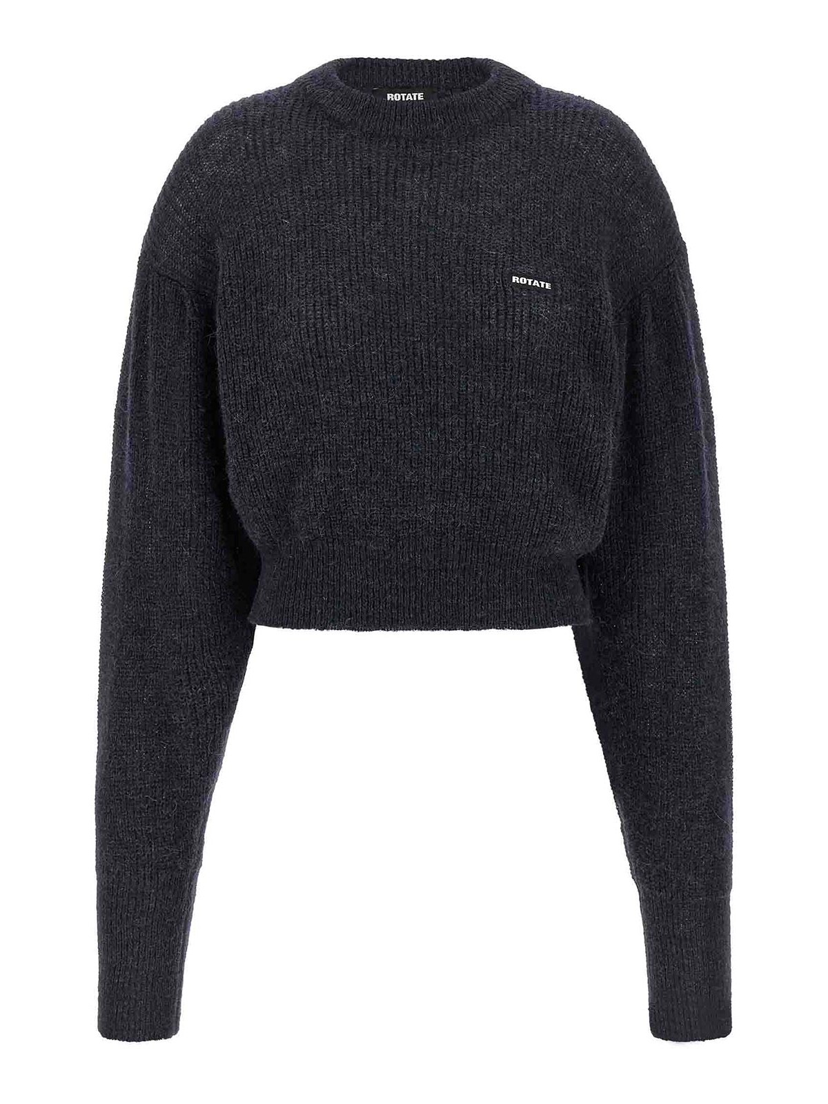 Rotate Birger Christensen Crew Neck Cropped Knit Puff Sweater In Blue