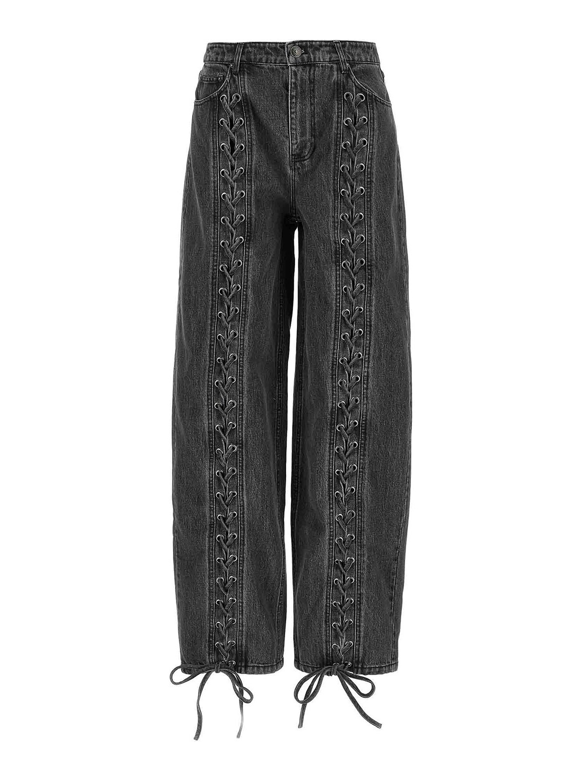 Rotate Birger Christensen Wide-leg Pants With Lace-up Detailing In Organic Cotton In Black