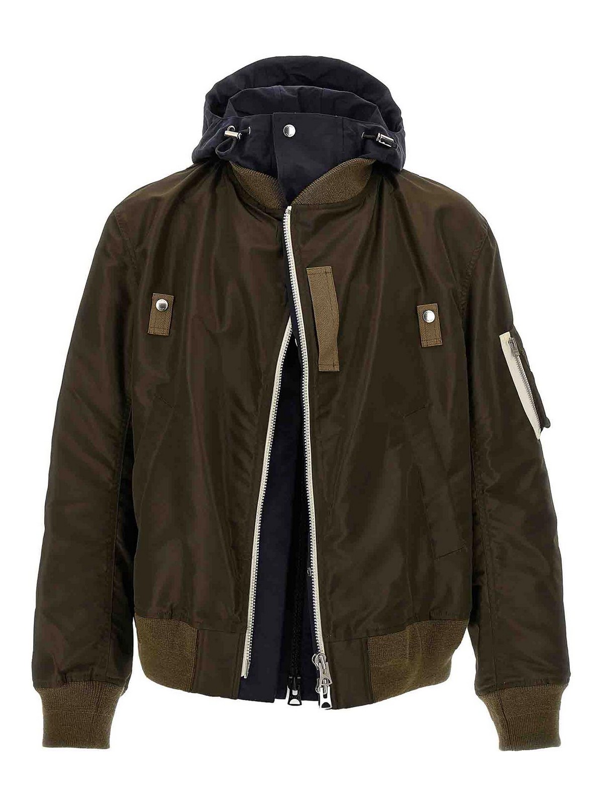 Sacai Hooded Nylon Bomber Jacket In Green