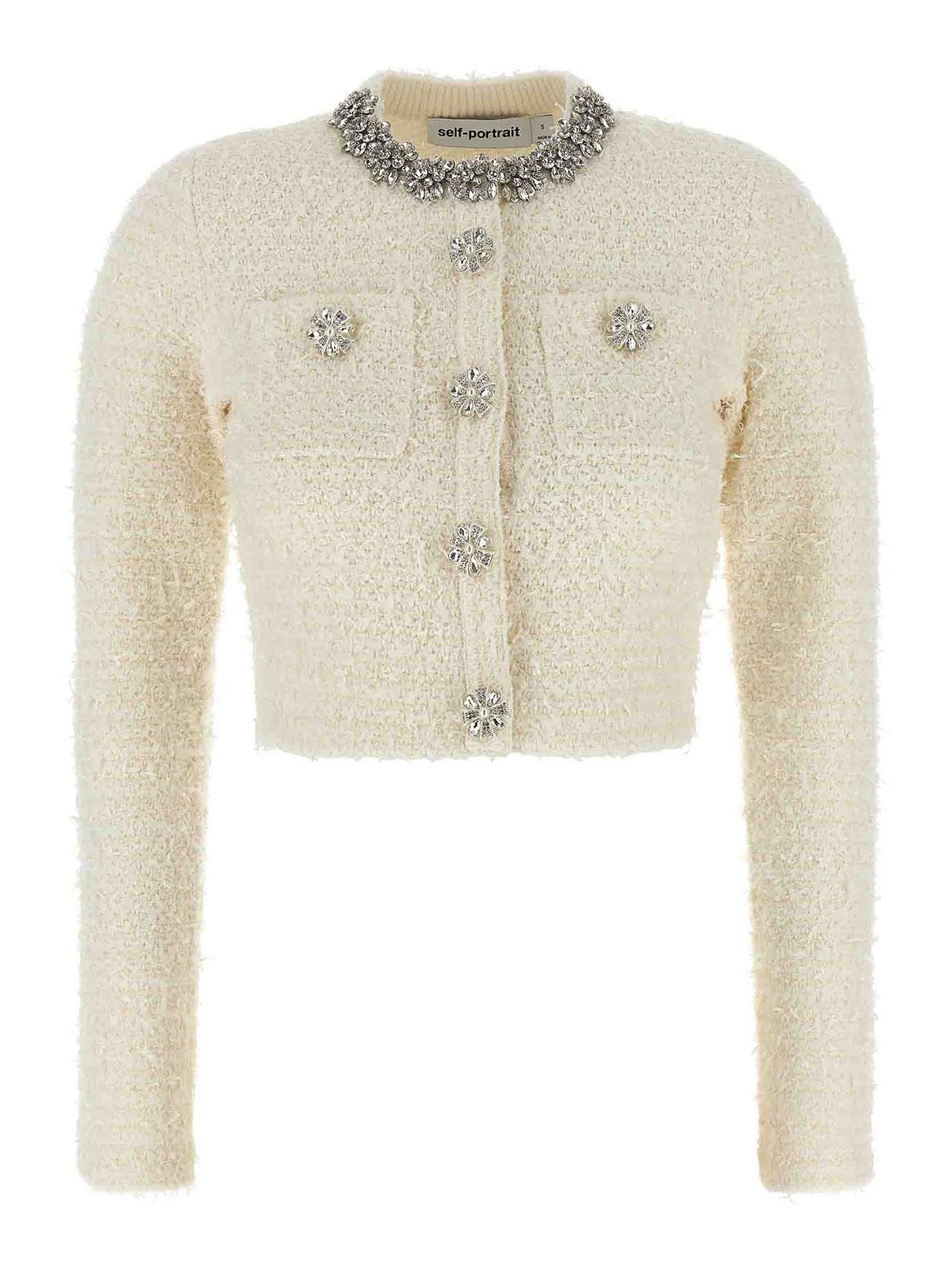 Self-portrait Cropped Sweater With Textured Boucle Knit And Crystal Embellishments In Neutral