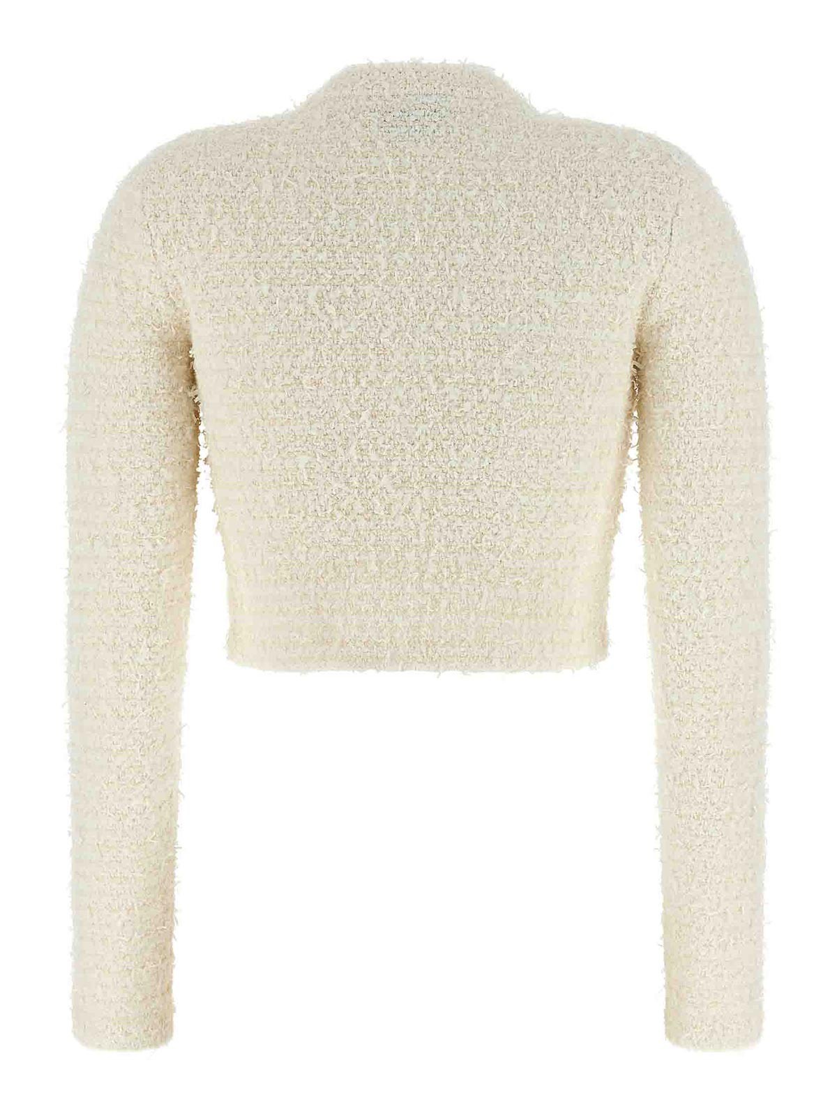 Self-portrait Cropped Sweater With Textured Boucle Knit And Crystal Embellishments In Neutral