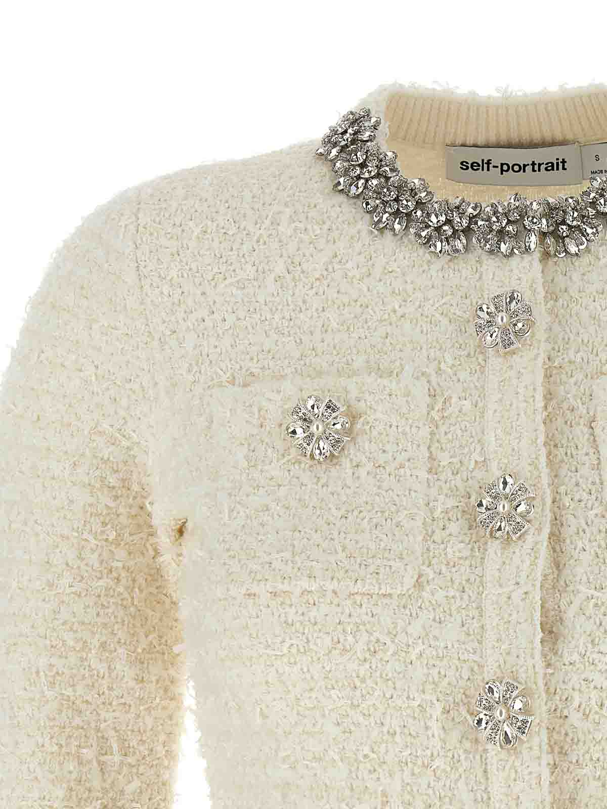 Self-portrait Cropped Sweater With Textured Boucle Knit And Crystal Embellishments In Neutral