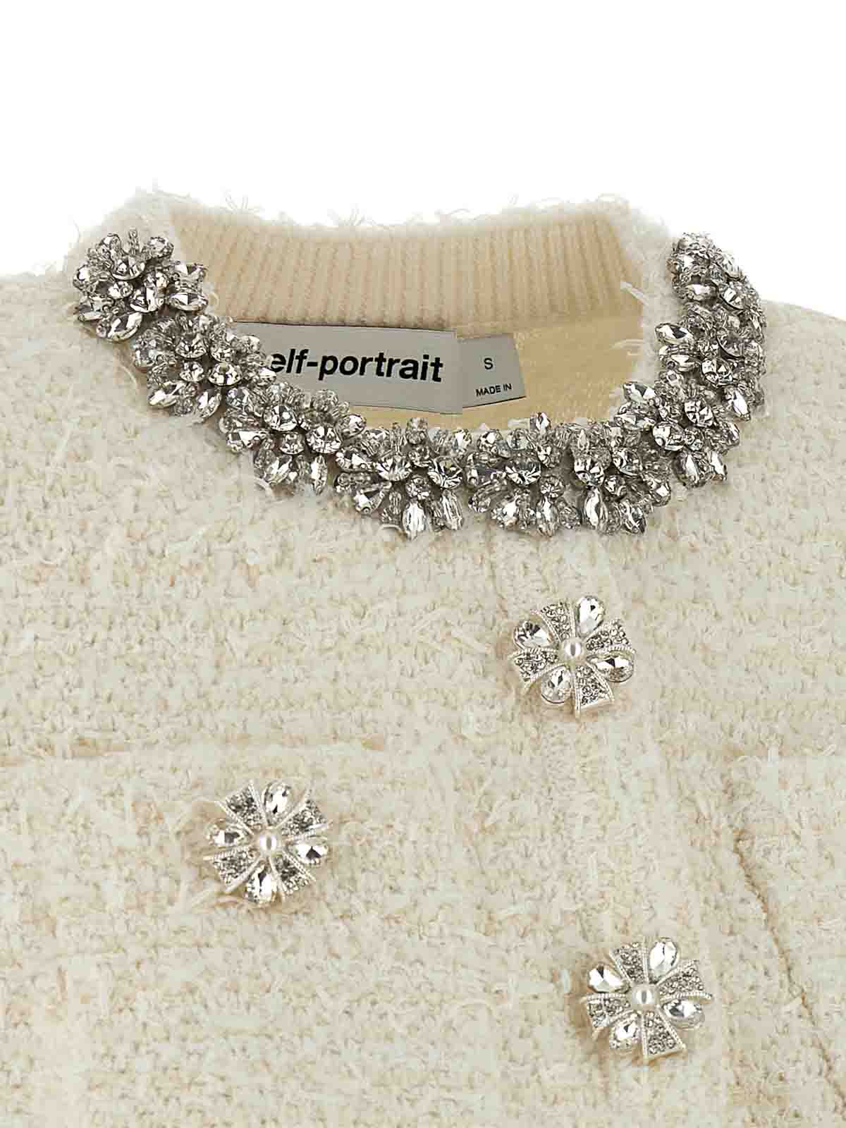 Self-portrait Cropped Sweater With Textured Boucle Knit And Crystal Embellishments In Neutral