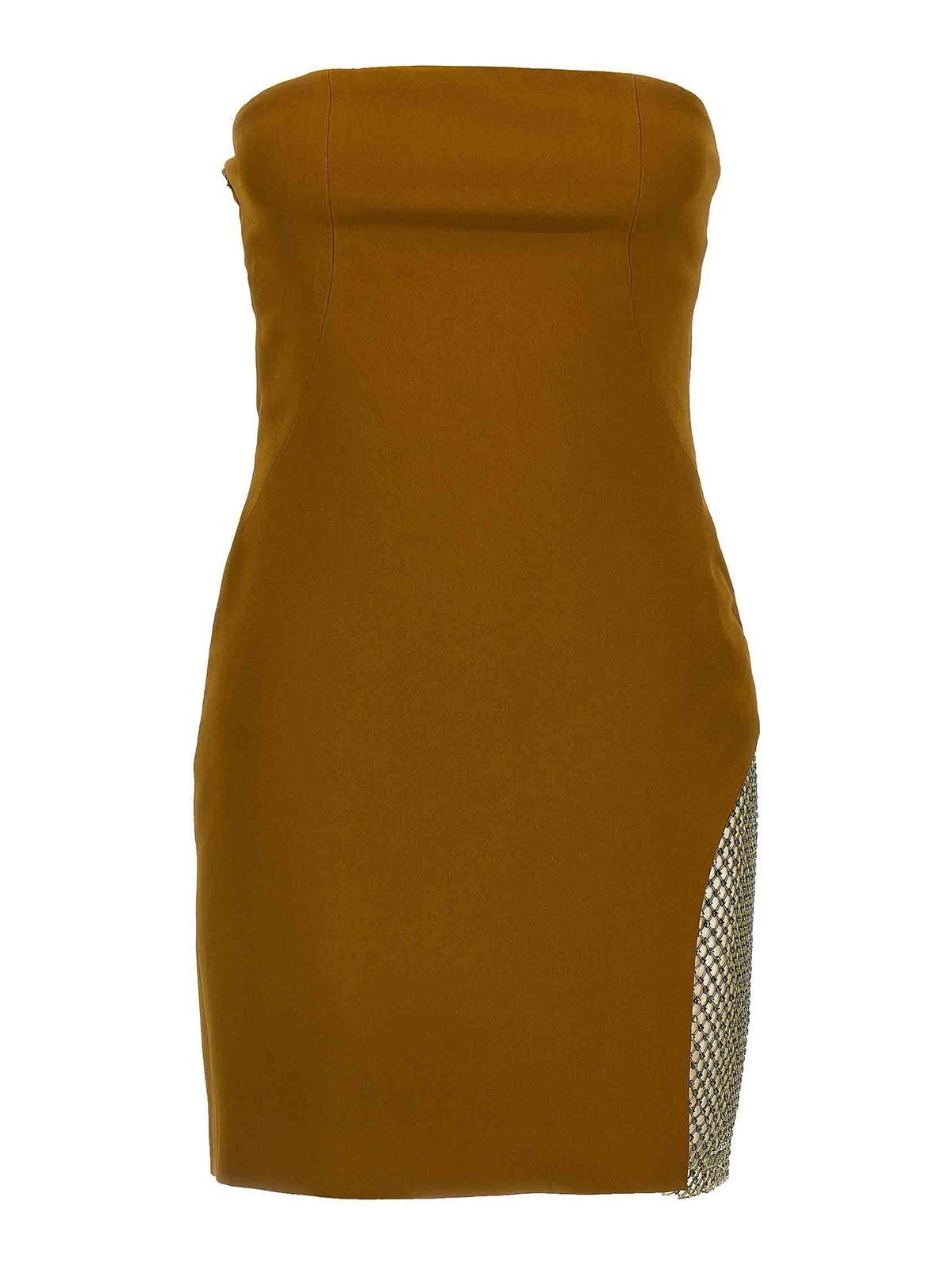 Attico Sequin Insert Strapless Fitted Dress With Side Mesh In Brown