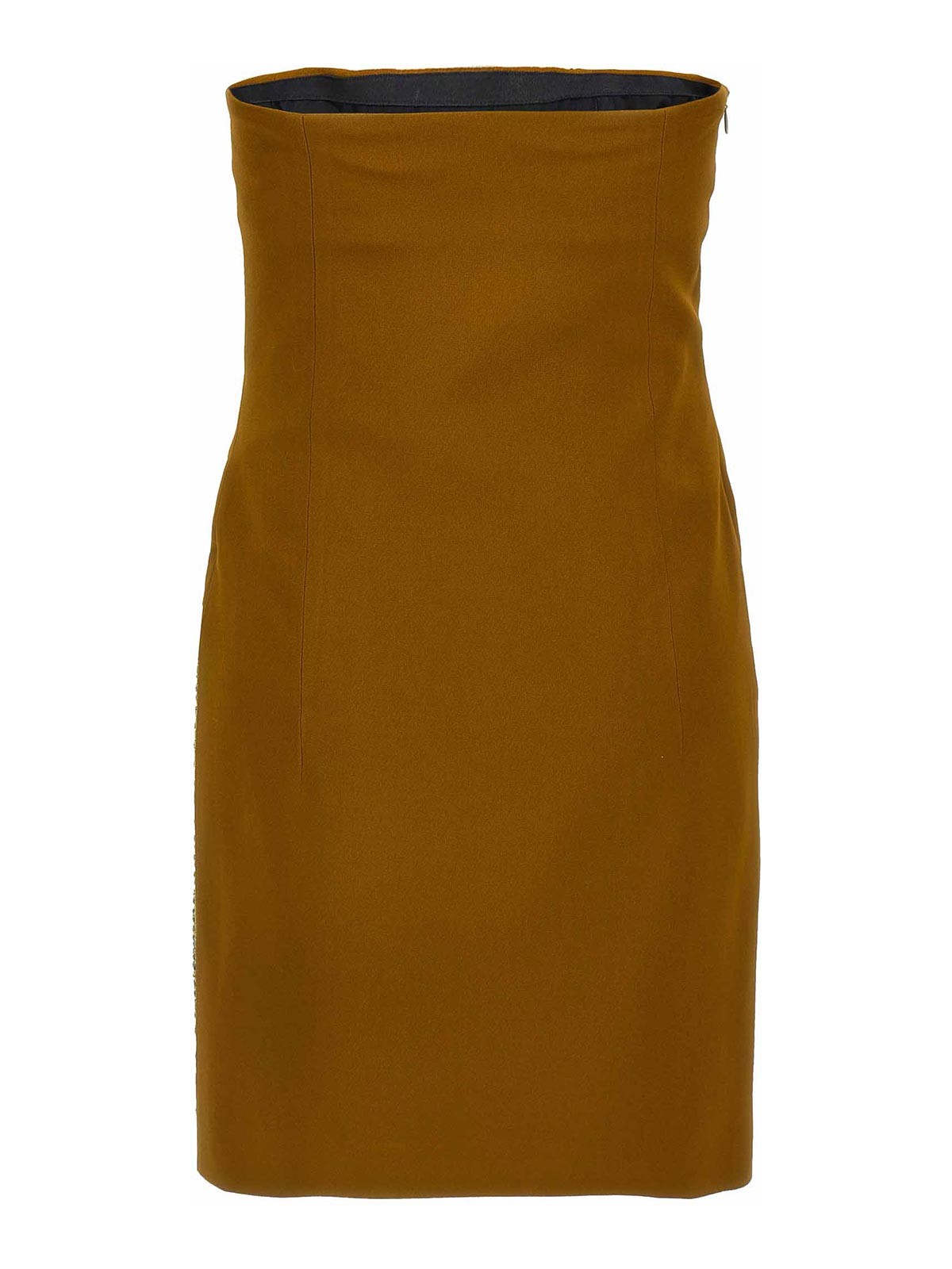 Attico Sequin Insert Strapless Fitted Dress With Side Mesh In Brown