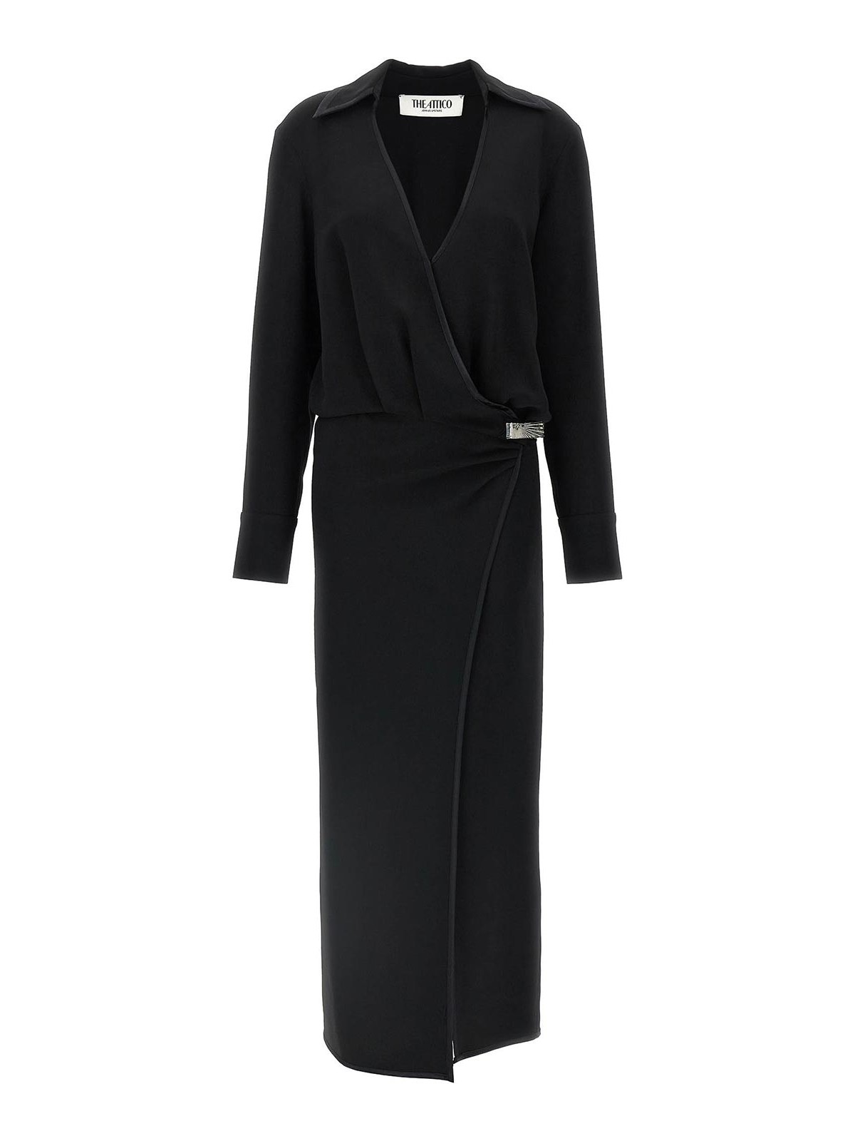 Attico V-neck Slit Midi Dress With Satin Piping In Black