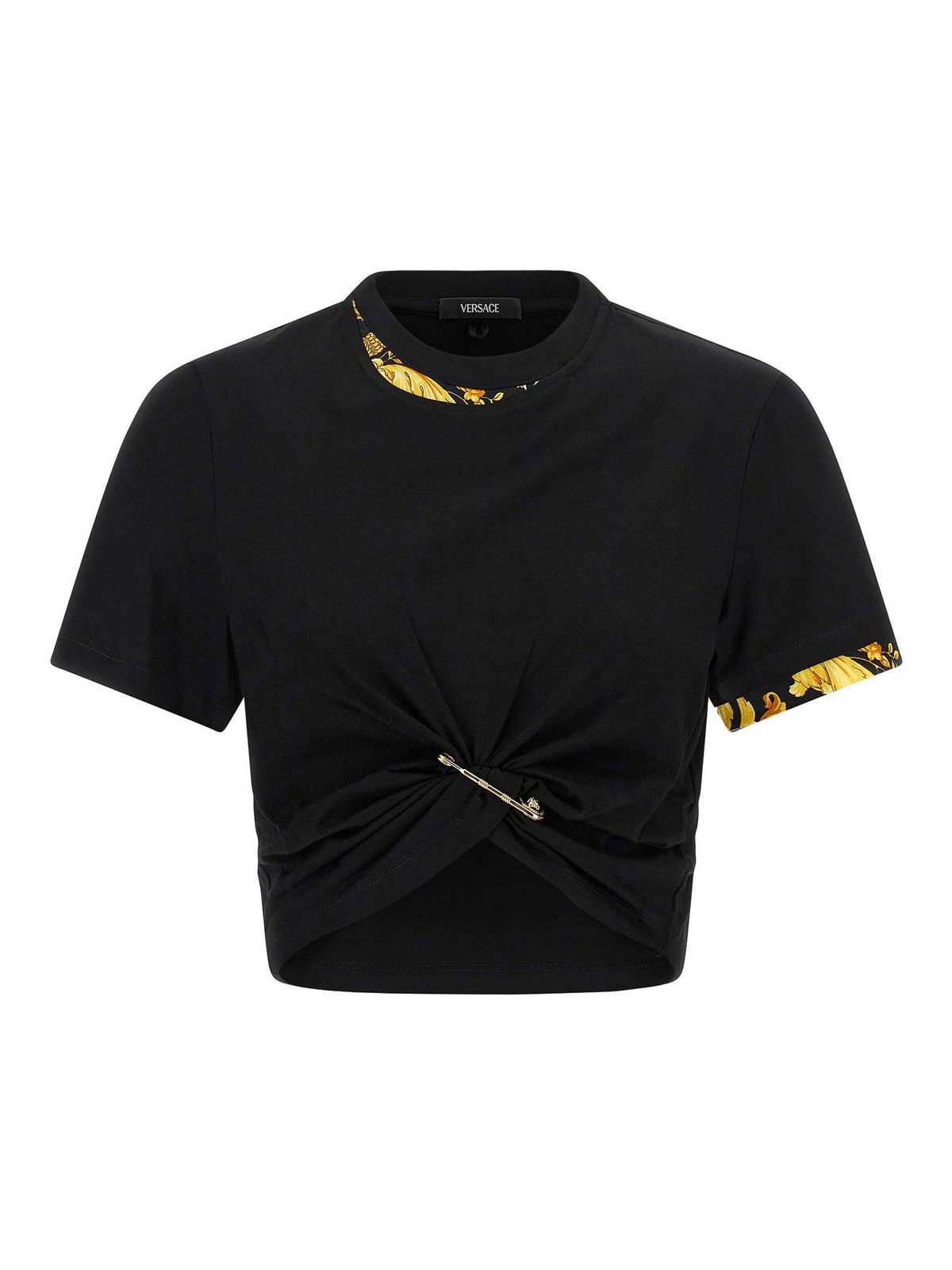 Versace Safety Pin Crop T-shirt With Drawstring Waist In Black