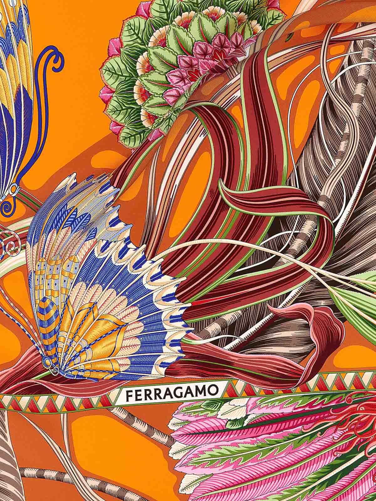 Ferragamo Border Butterfly Floral Intricate Vibrant Scarf In Orange