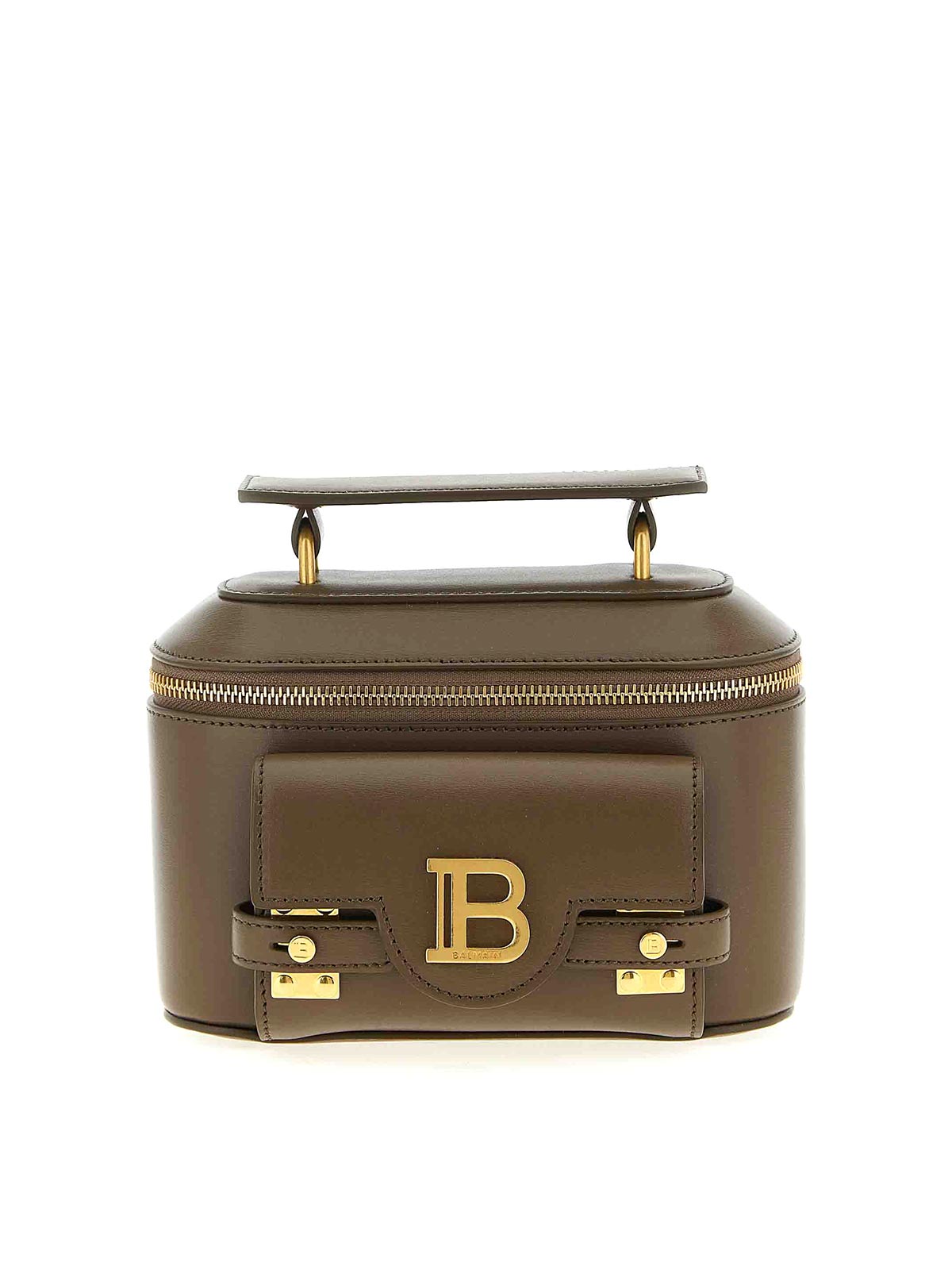 Balmain B-buzz Leather Vanity Top Handle Bag In Brown