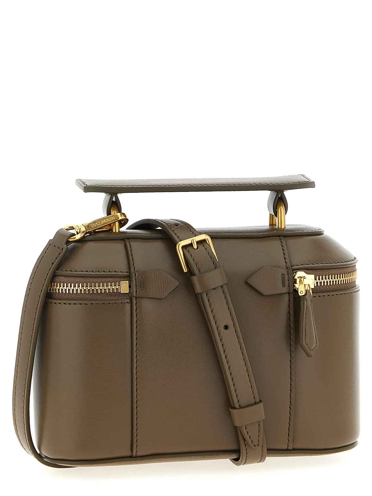 Balmain B-buzz Leather Vanity Top Handle Bag In Brown