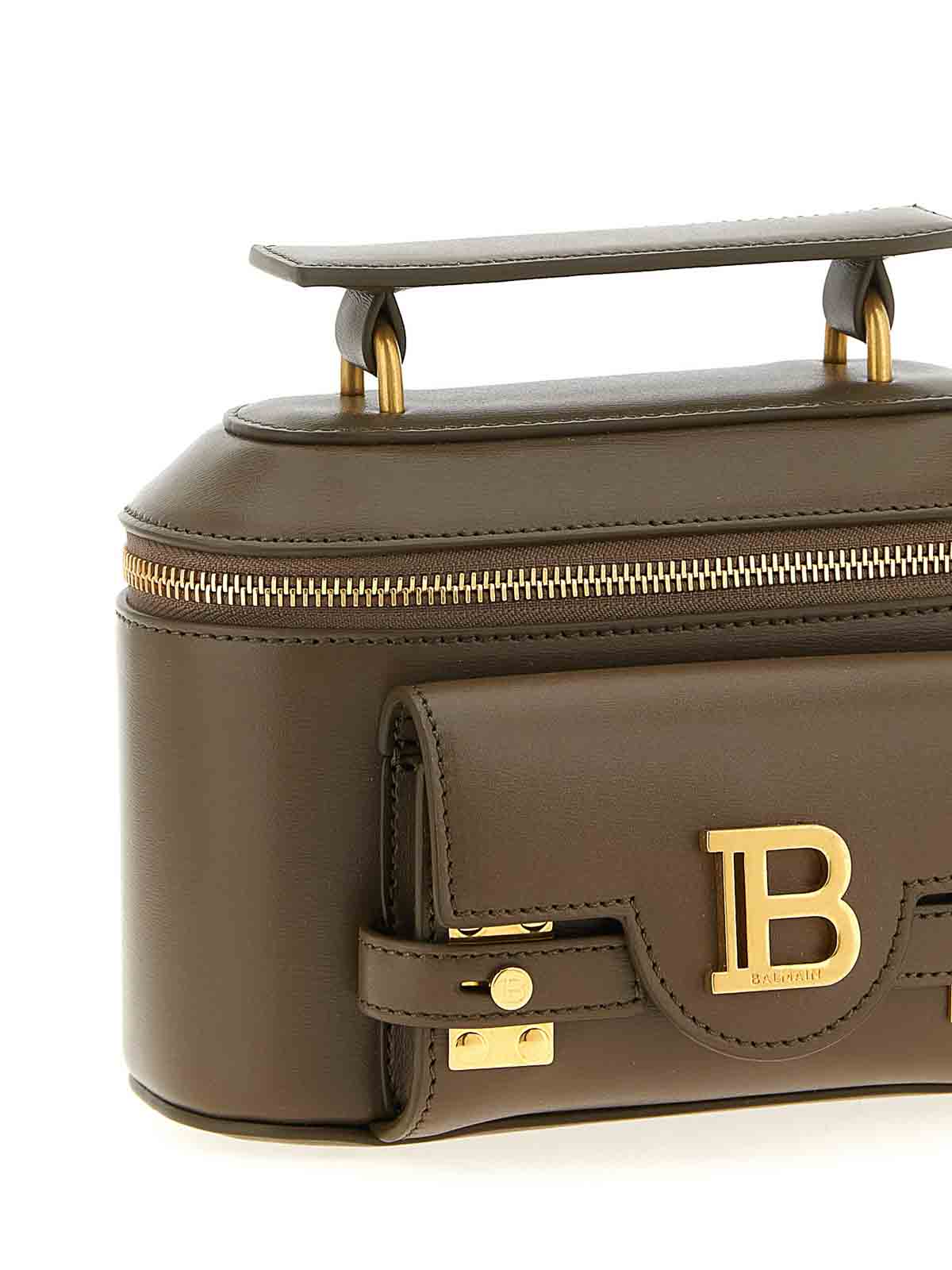 Balmain B-buzz Leather Vanity Top Handle Bag In Brown
