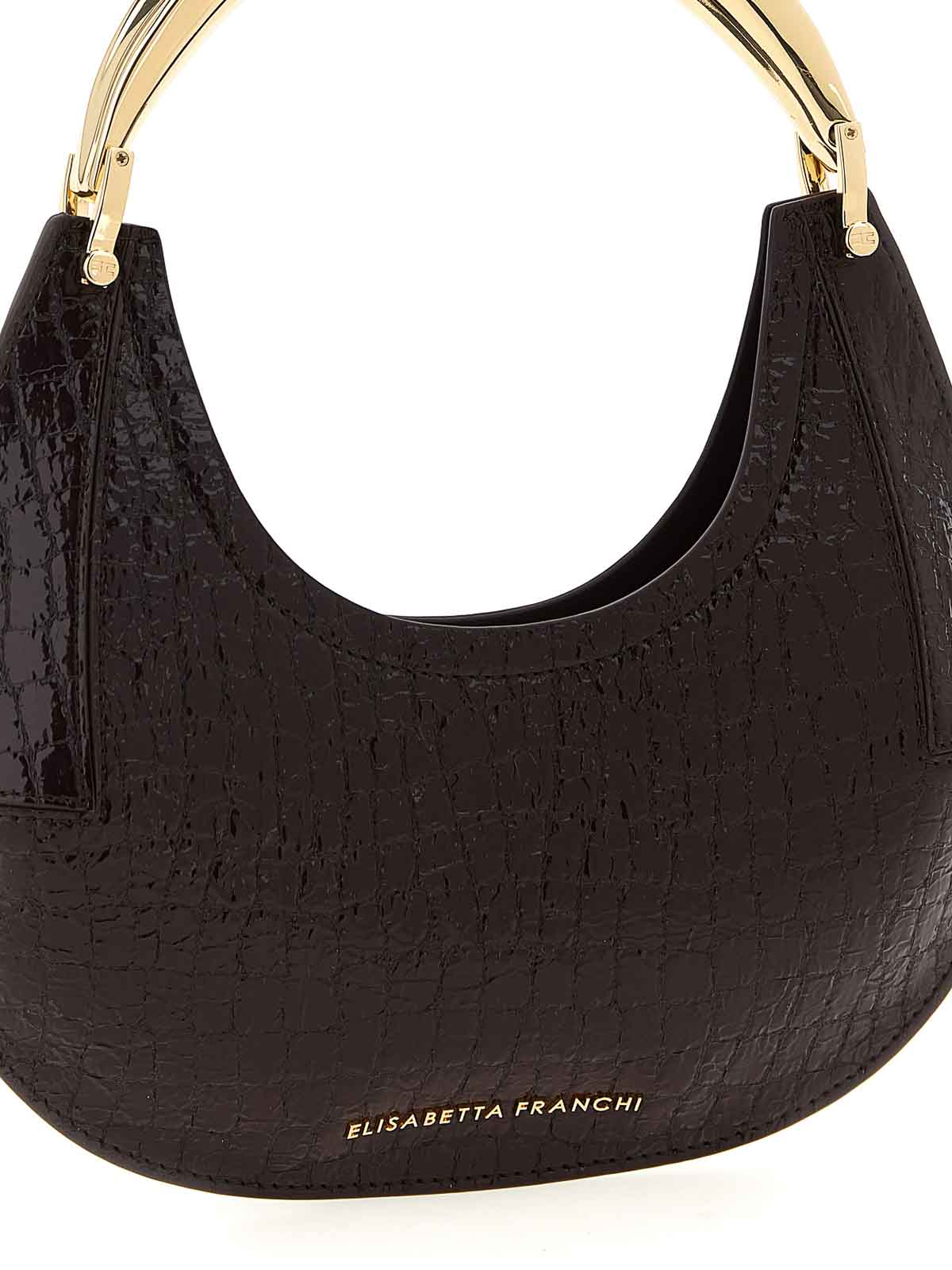 Elisabetta Franchi Small Hobo Crocodile-effect Metal-top-handle Shoulder Bag In Brown
