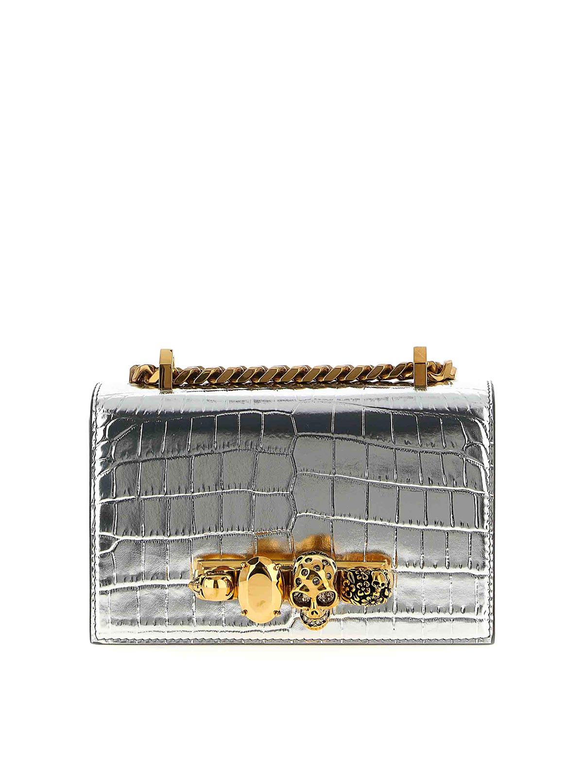 Alexander Mcqueen Mini Skull-embellished Crocodile-effect Crossbody Bag In Silver