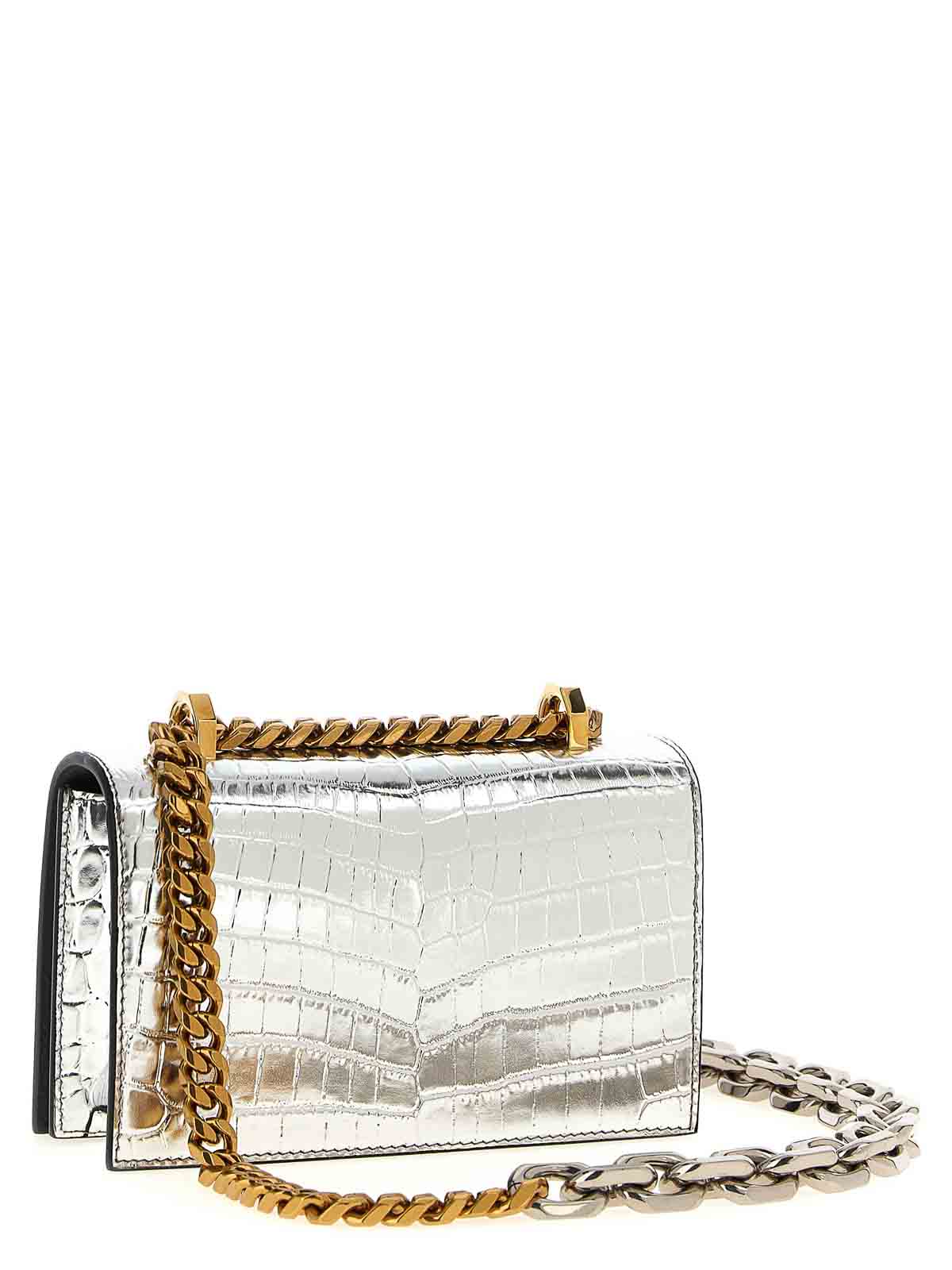 Alexander Mcqueen Mini Skull-embellished Crocodile-effect Crossbody Bag In Silver