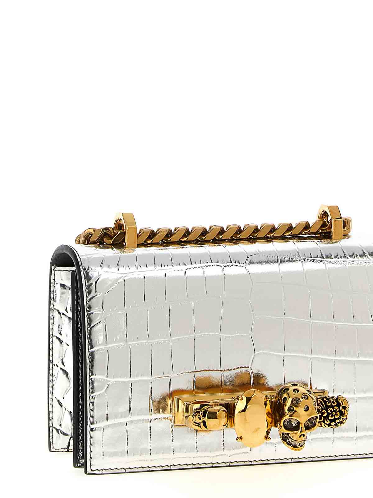 Alexander Mcqueen Mini Skull-embellished Crocodile-effect Crossbody Bag In Silver