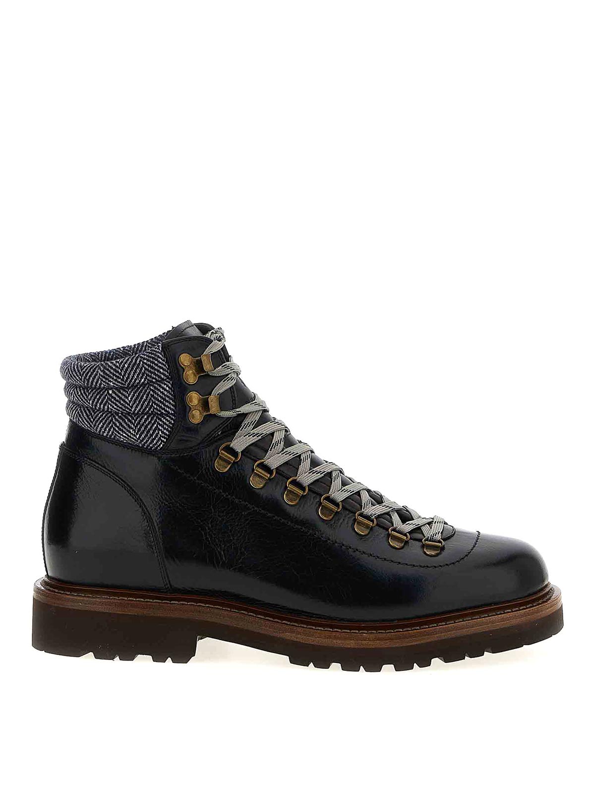 Brunello Cucinelli Lace-up Herringbone-detail Hiking Boots In Black