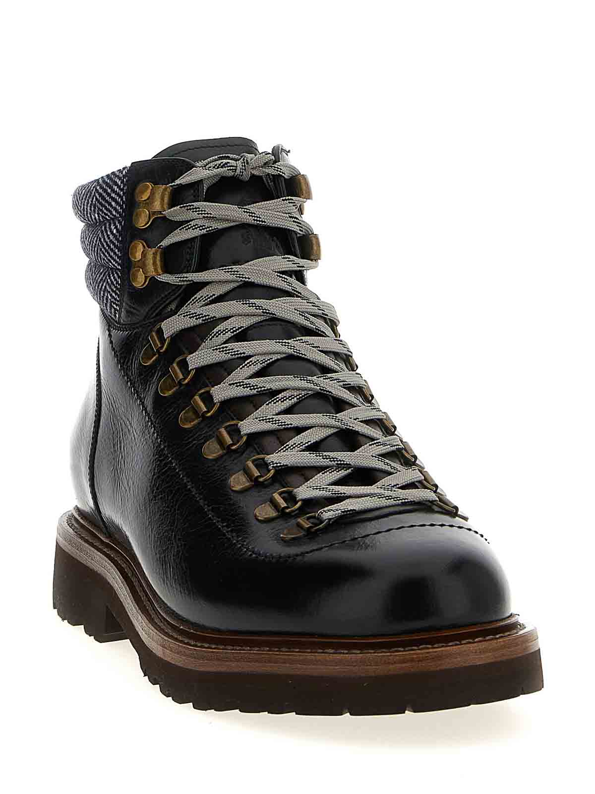 Brunello Cucinelli Lace-up Herringbone-detail Hiking Boots In Black
