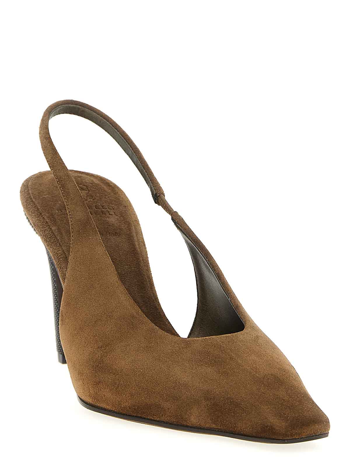Brunello Cucinelli Luxe Suede Pointed Toe Slingback Pumps In Brown