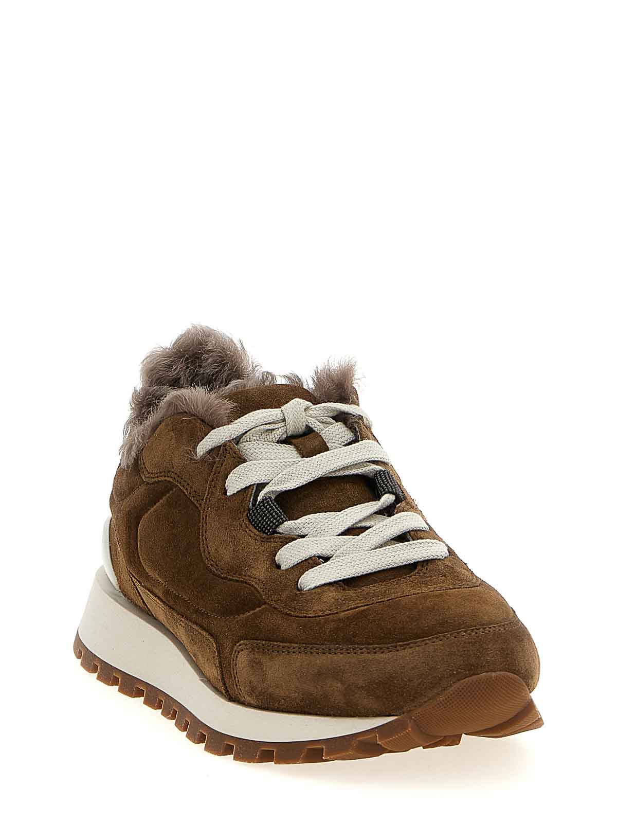 Brunello Cucinelli Runner Monili Suede And Canvas Sneakers In Brown