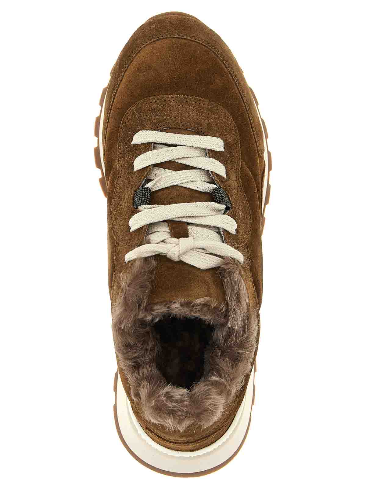 Brunello Cucinelli Runner Monili Suede And Canvas Sneakers In Brown