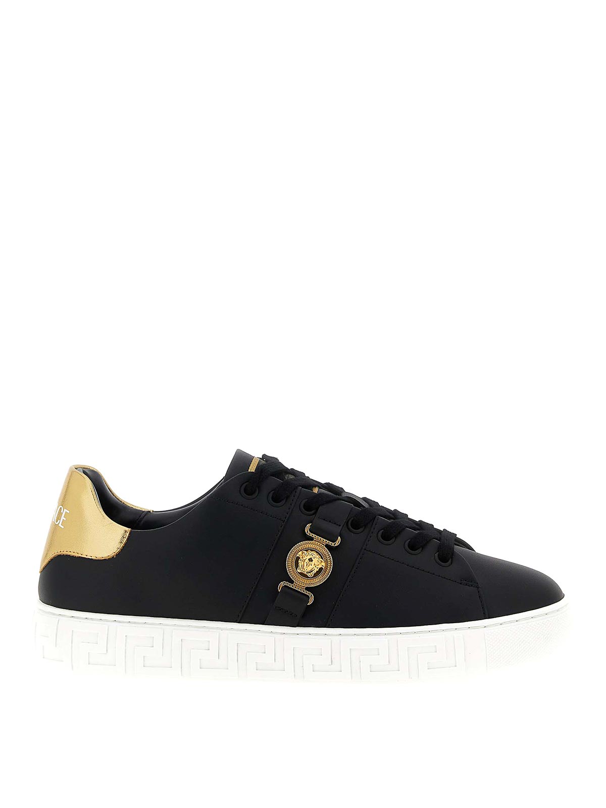 Versace Black Low Top Sneakers With Contrasting Heel With Logo Lettering And Medusa Plaque In Tech Fabric Ma In Black