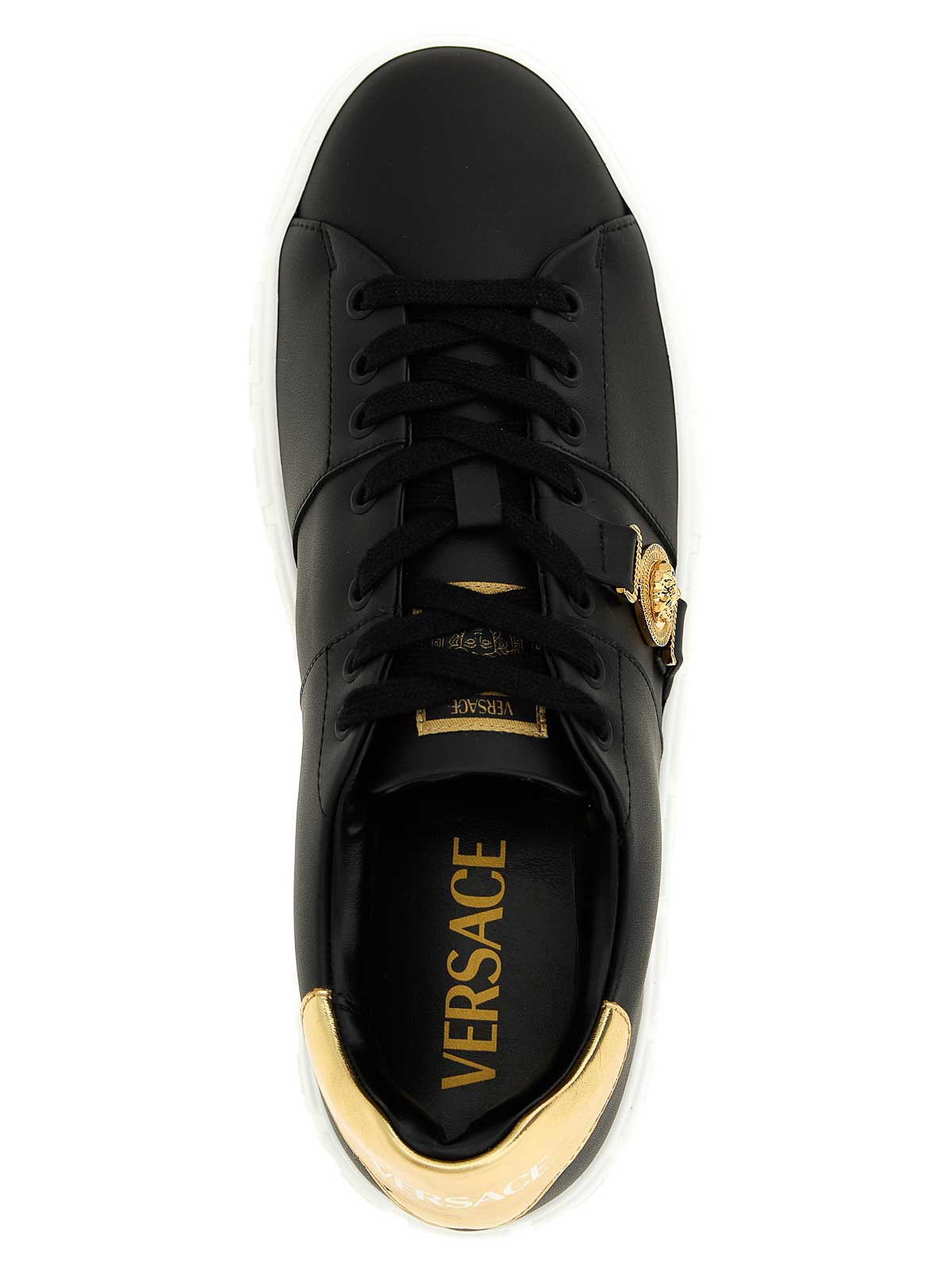 Versace Black Low Top Sneakers With Contrasting Heel With Logo Lettering And Medusa Plaque In Tech Fabric Ma In Black