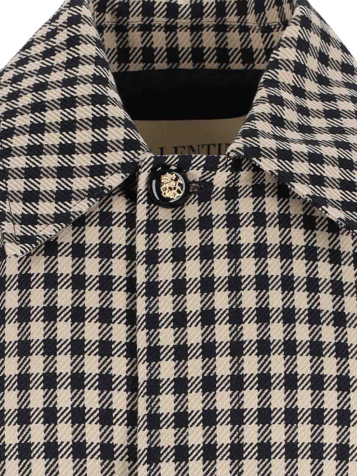 Valentino Coat With Vichy Pattern In Cotton And Wool In Black