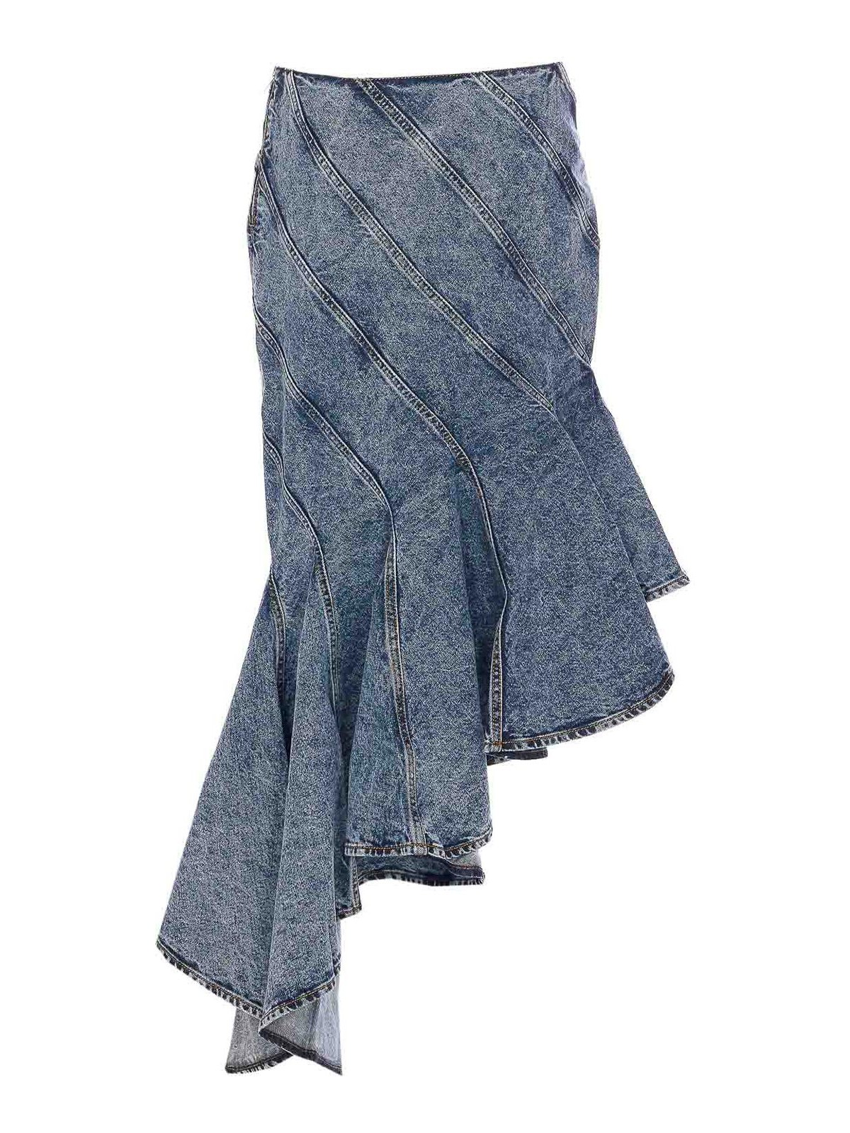 Alaïa Spiral Design Denim Midi Skirt With Hem In Blue