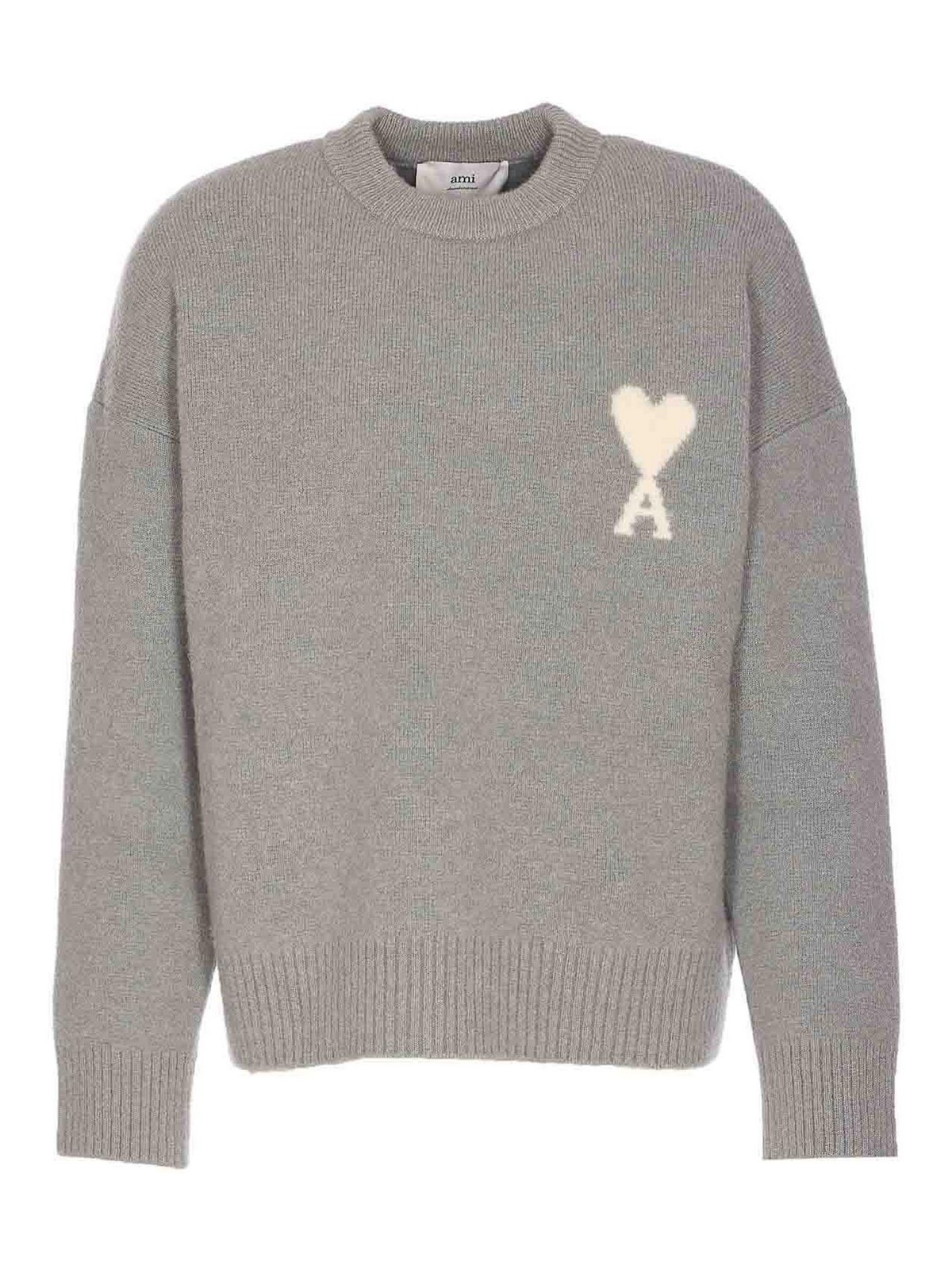 Ami Alexandre Mattiussi Ami Round Neck Sweater With Logo Detail And Ribbed Finishes In Neutral