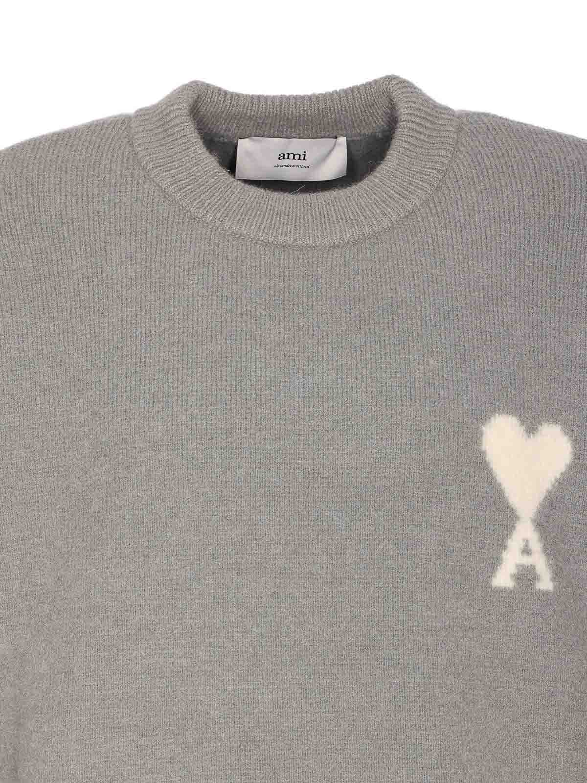 Ami Alexandre Mattiussi Ami Round Neck Sweater With Logo Detail And Ribbed Finishes In Neutral