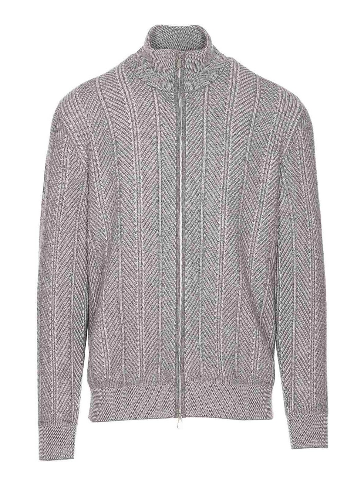 Brunello Cucinelli Chevron Knit High Neck Zipped Cardigan In Gray