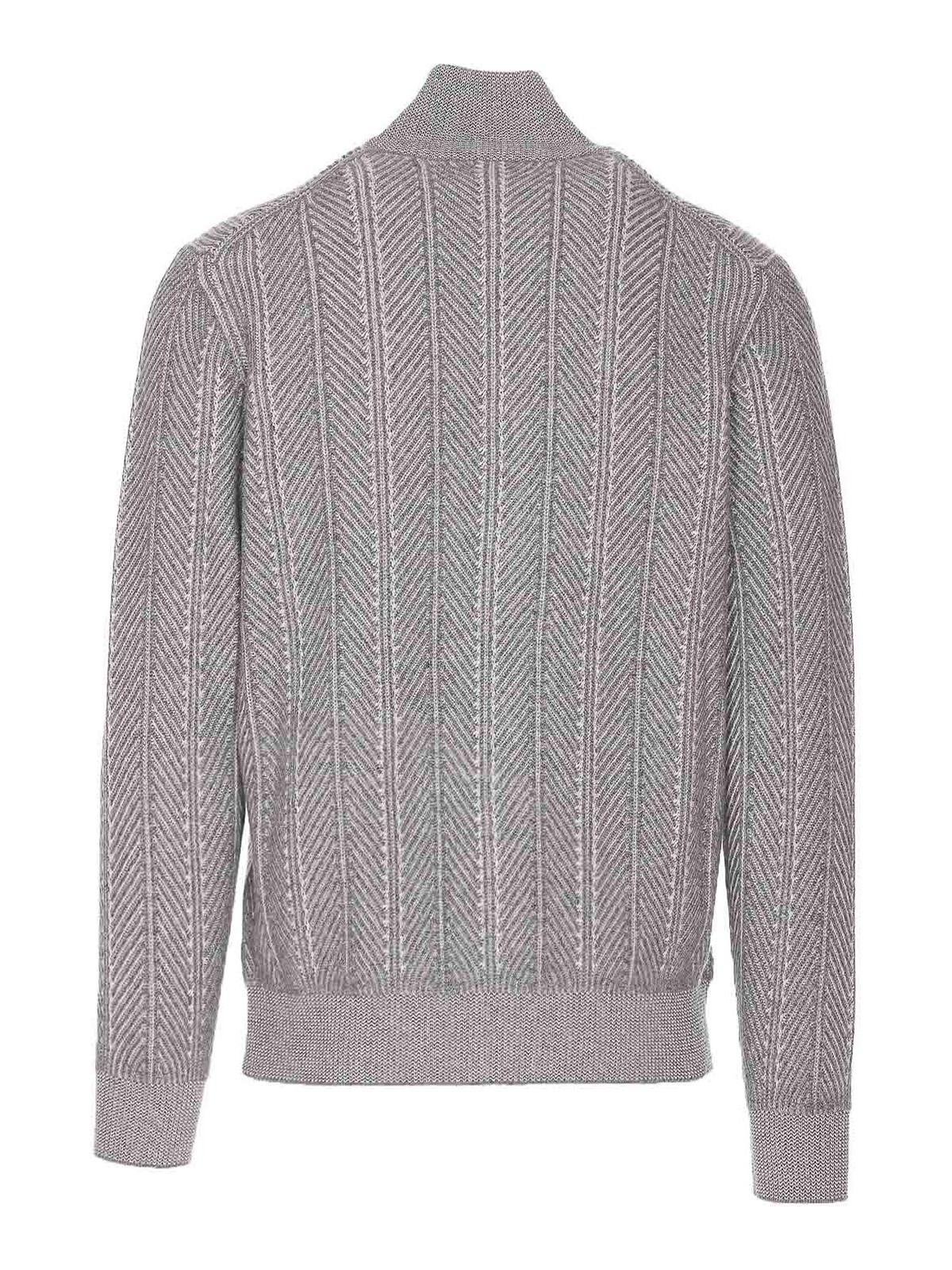 Brunello Cucinelli Chevron Knit High Neck Zipped Cardigan In Gray