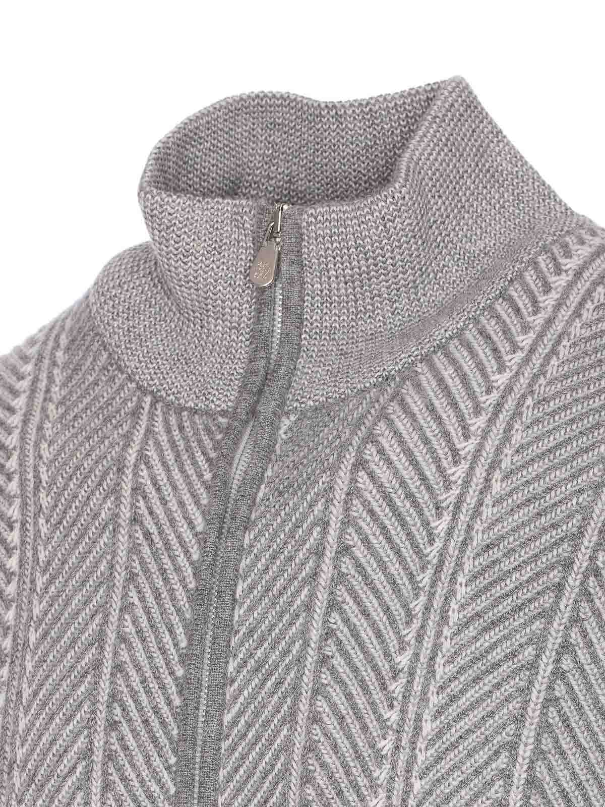 Brunello Cucinelli Chevron Knit High Neck Zipped Cardigan In Gray