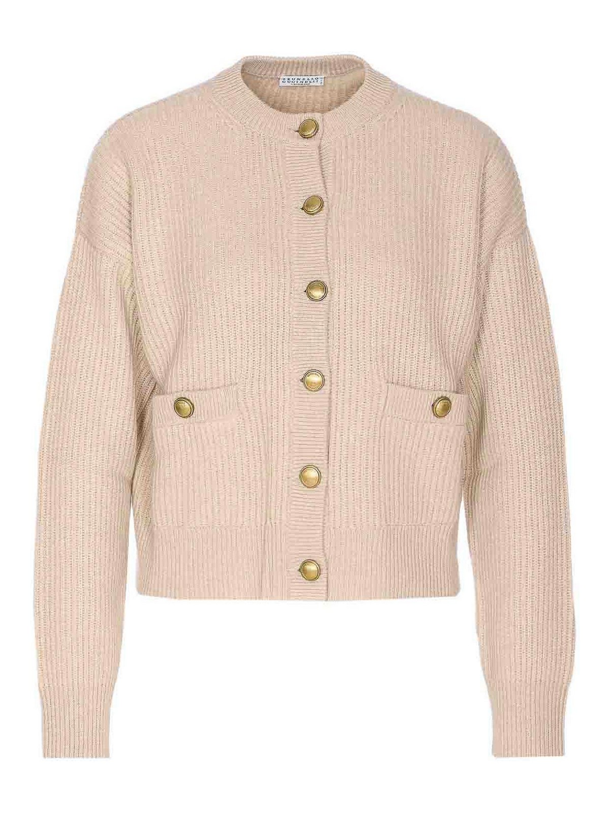 Brunello Cucinelli Crewneck Knitwear Cardigan Front Pockets In Neutral