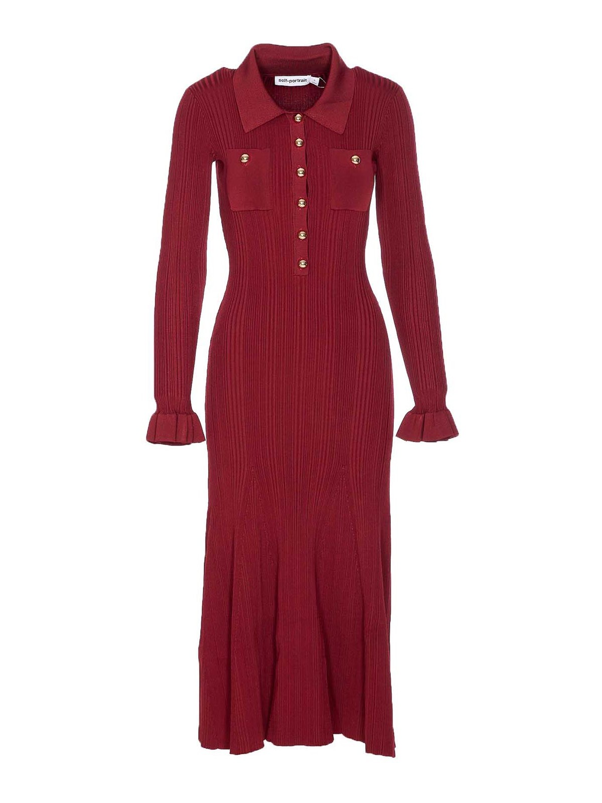 Self-portrait Fitted Ribbed Maxi Dress With Classic Collar In Red