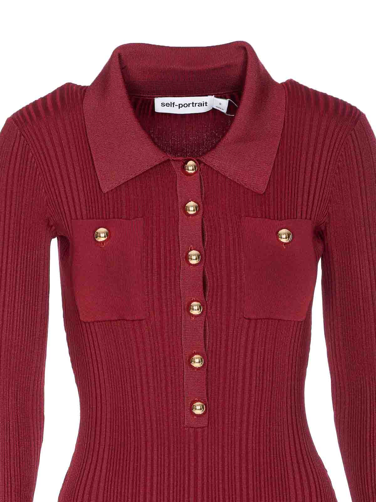 Self-portrait Fitted Ribbed Maxi Dress With Classic Collar In Red