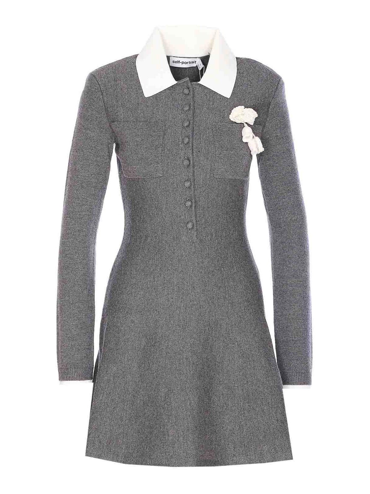 Self-portrait Grey Crochet Flower Collared Knit Mini Dress Clothing In Gray