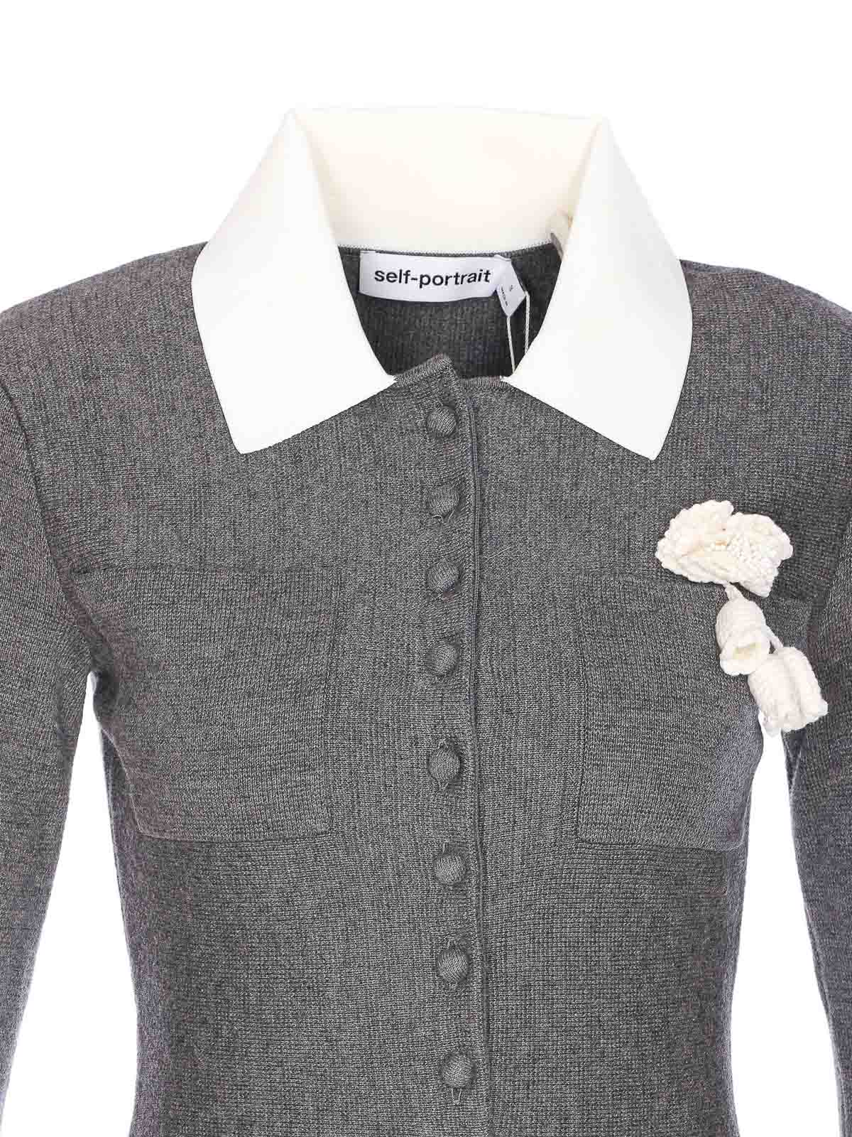 Self-portrait Grey Crochet Flower Collared Knit Mini Dress Clothing In Gray