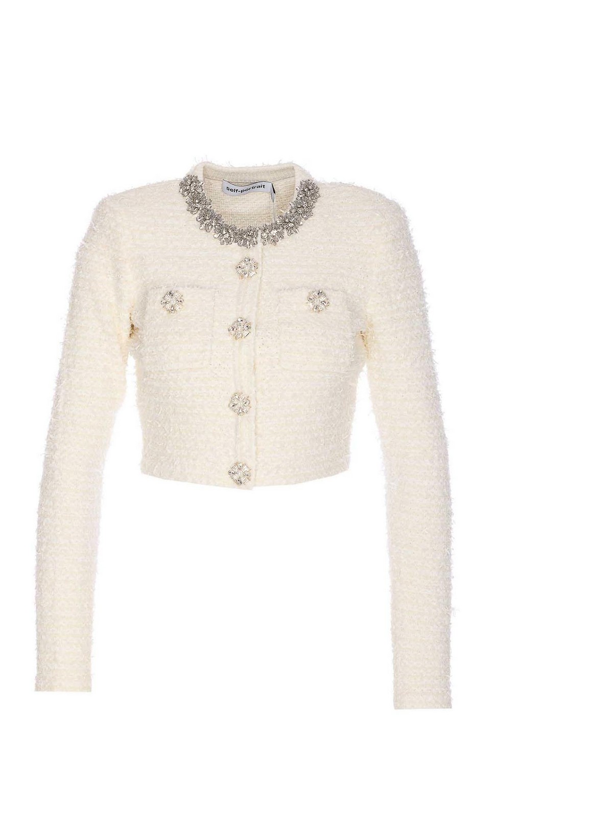 Self-portrait Cropped Sweater With Textured Boucle Knit And Crystal Embellishments In Metallic