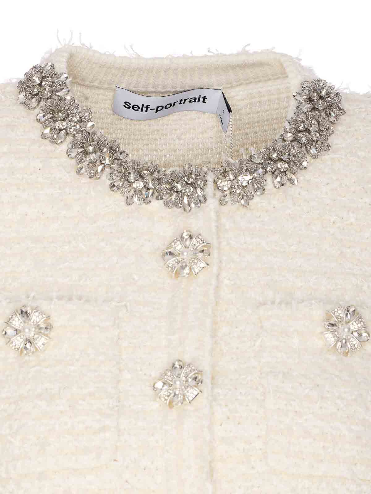 Self-portrait Cropped Sweater With Textured Boucle Knit And Crystal Embellishments In Metallic